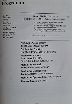 Programmseite: Gustav Mahler, Sinfonie Nr. 2 c-Moll, mit den Mitwirkenden